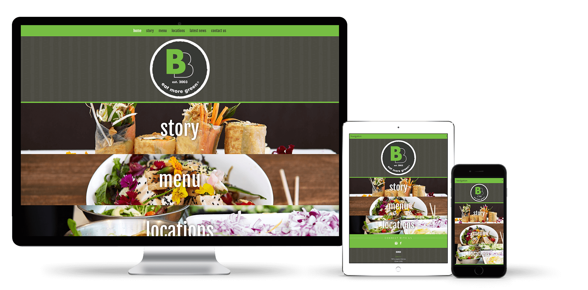 Image of Eat More Green website design on desktop, tablet and smart phone