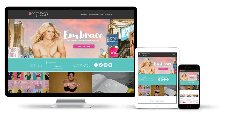 Image of the Body Image Movement website on a desktop, tablet and smart phone