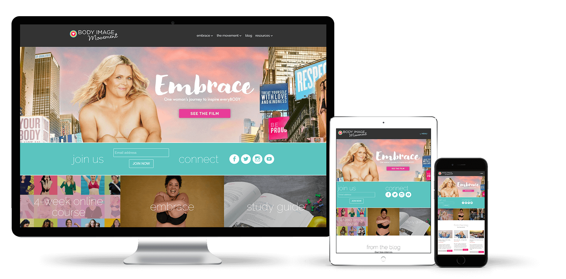 Image of the Body Image Movement website on a desktop, tablet and smart phone