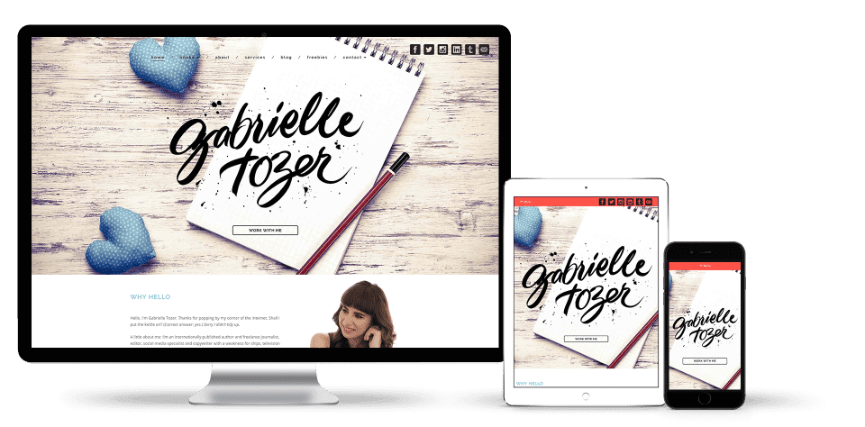 Image of the Gabrielle Tozer website design on a desktop, laptop and smart phone