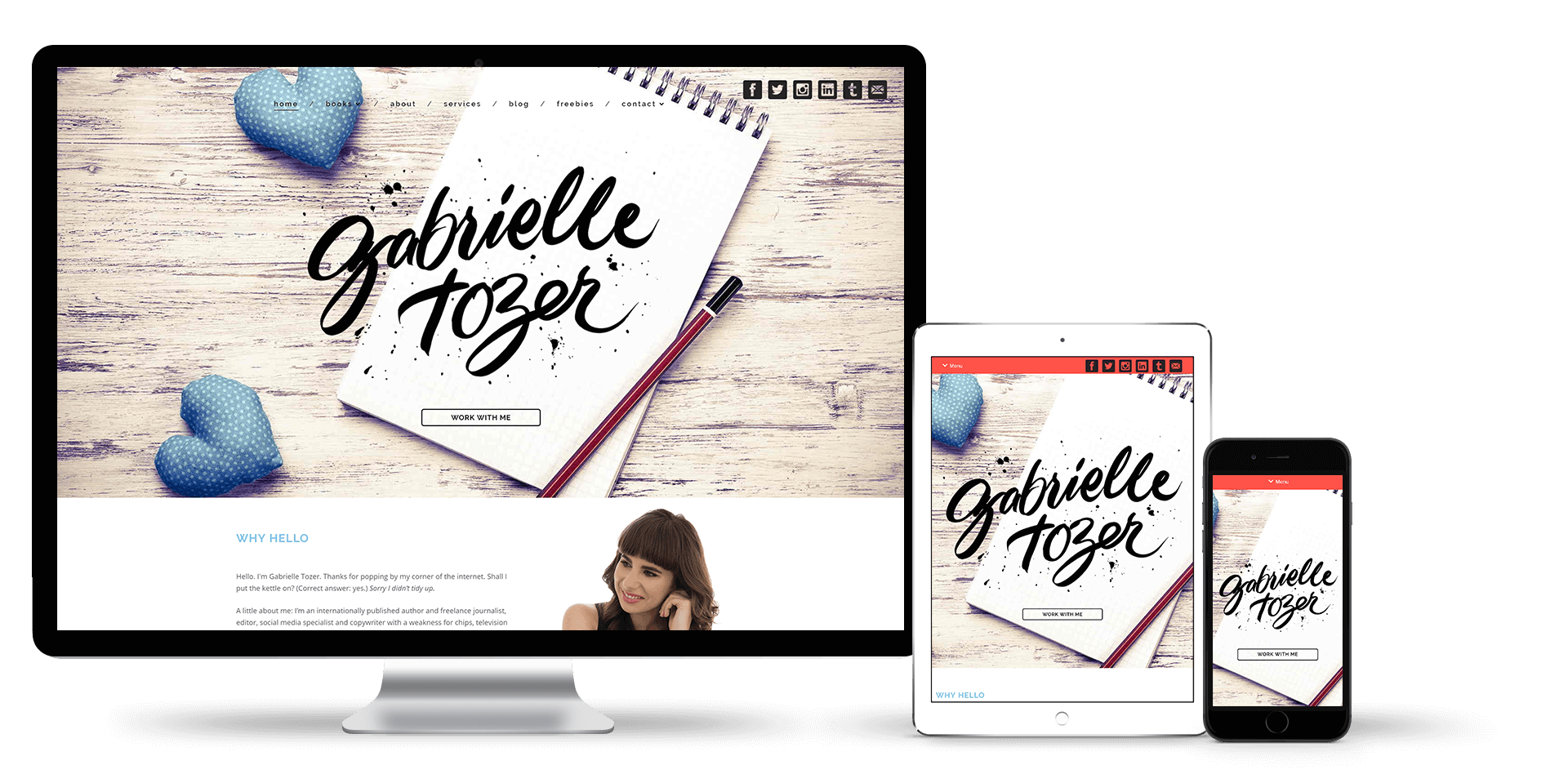 Image of the Gabrielle Tozer website design on a desktop, laptop and smart phone