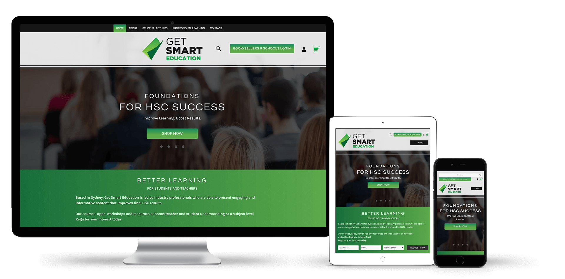 Image of the Get Smart Education website design on desktop, tablet and smart phone