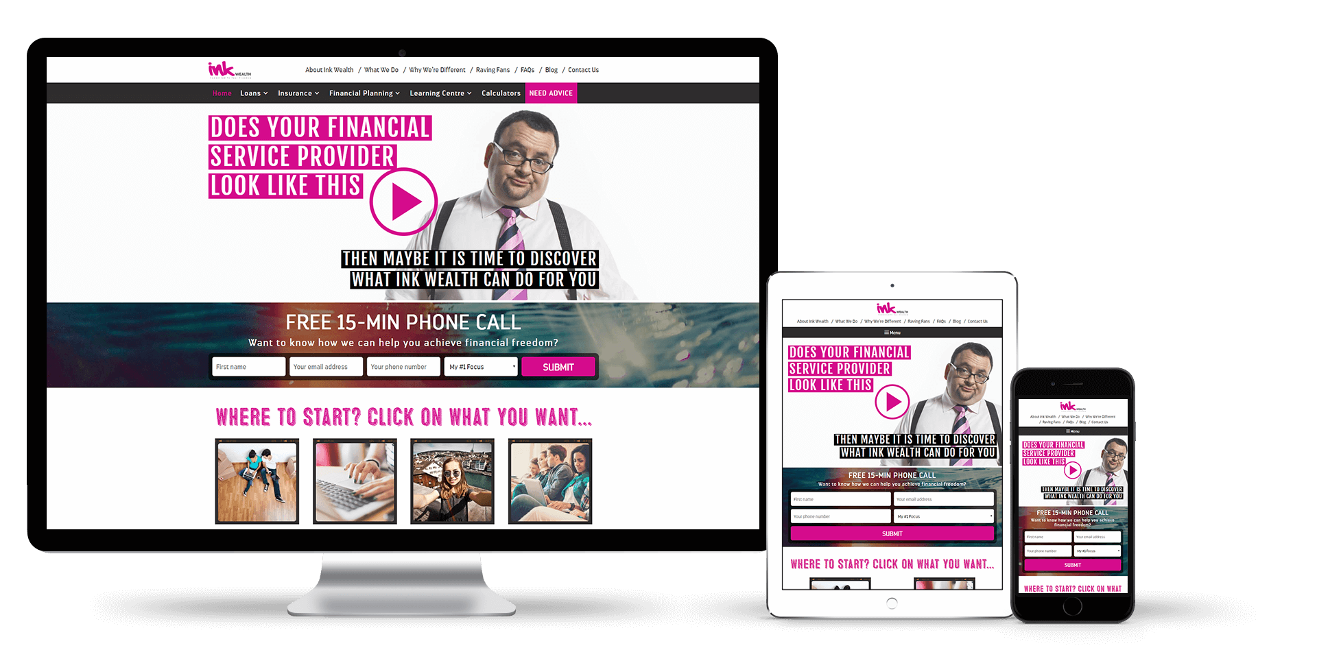 Image of the Ink Wealth website design on a desktop, tablet and smart phone