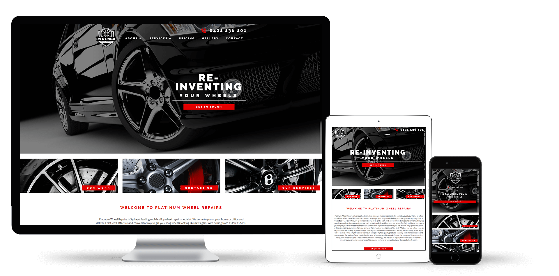 Image of the Platinum Wheel Repairs website design on a desktop, laptop and smart phone