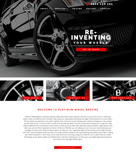 Image of the Platinum Wheels website design - home page