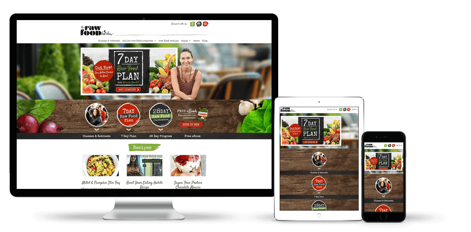 Image of The Raw Food Kitchen website on a desktop, tablet and smart phone