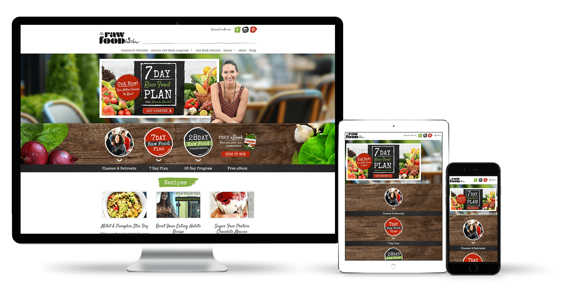 Image of The Raw Food Kitchen website on a desktop, tablet and smart phone