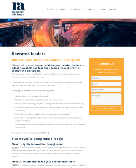 Image of the Resource Advisory web design - liberated leaders page